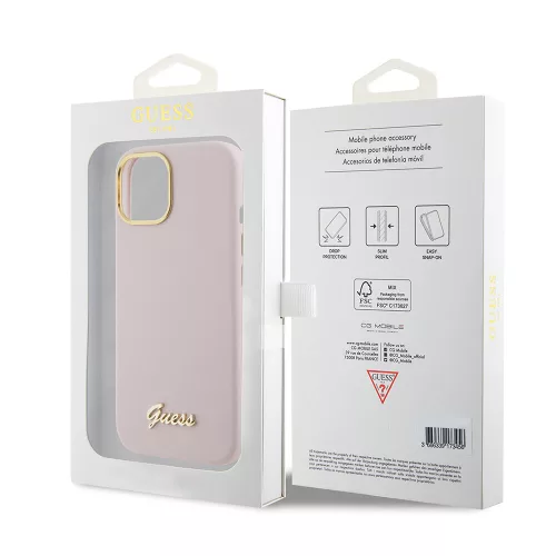 Guess - Szilikon Fém Logó Felirat és Kerettel (GUHCP15SSMBSLP) - iPhone 15 - Világos Rózsaszín