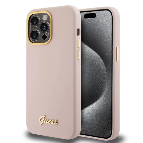 Guess - Szilikon Fém Logó Felirat és Kerettel (GUHCP15XSMBSLP) - iPhone 15 Pro Max - Világos Rózsaszín