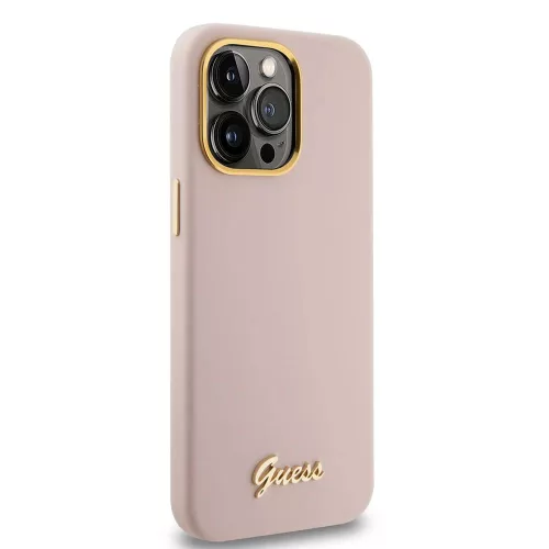 Guess - Szilikon Fém Logó Felirat és Kerettel (GUHCP15XSMBSLP) - iPhone 15 Pro Max - Világos Rózsaszín