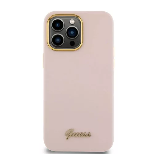 Guess - Szilikon Fém Logó Felirat és Kerettel (GUHCP15XSMBSLP) - iPhone 15 Pro Max - Világos Rózsaszín