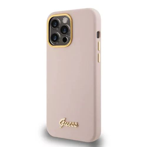 Guess - Szilikon Fém Logó Felirat és Kerettel (GUHCP15XSMBSLP) - iPhone 15 Pro Max - Világos Rózsaszín