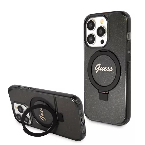 Guess - Gyűrűs Tartó Csillámos Felirat MagSafe (GUHMP15LHRSGSK) - iPhone 15 Pro - Fekete