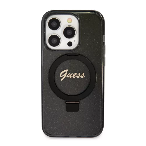 Guess - Gyűrűs Tartó Csillámos Felirat MagSafe (GUHMP15LHRSGSK) - iPhone 15 Pro - Fekete