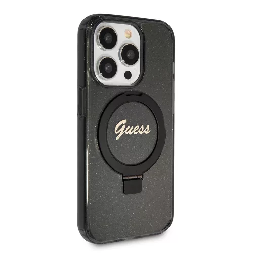 Guess - Gyűrűs Tartó Csillámos Felirat MagSafe (GUHMP15LHRSGSK) - iPhone 15 Pro - Fekete
