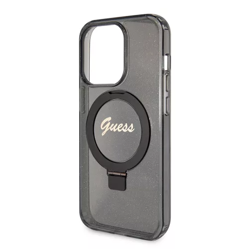 Guess - Gyűrűs Tartó Csillámos Felirat MagSafe (GUHMP15LHRSGSK) - iPhone 15 Pro - Fekete