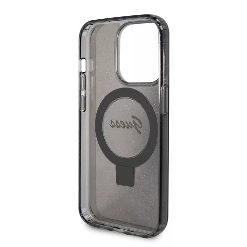 Guess - Gyűrűs Tartó Csillámos Felirat MagSafe (GUHMP15LHRSGSK) - iPhone 15 Pro - Fekete