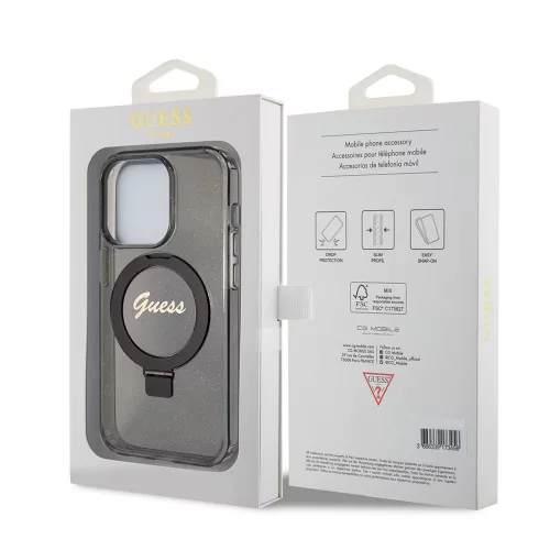 Guess - Gyűrűs Tartó Csillámos Felirat MagSafe (GUHMP15LHRSGSK) - iPhone 15 Pro - Fekete