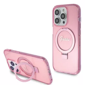   Guess - Gyűrűs Tartó Csillámos Felirat MagSafe (GUHMP15LHRSGSP) - iPhone 15 Pro - Rózsaszín