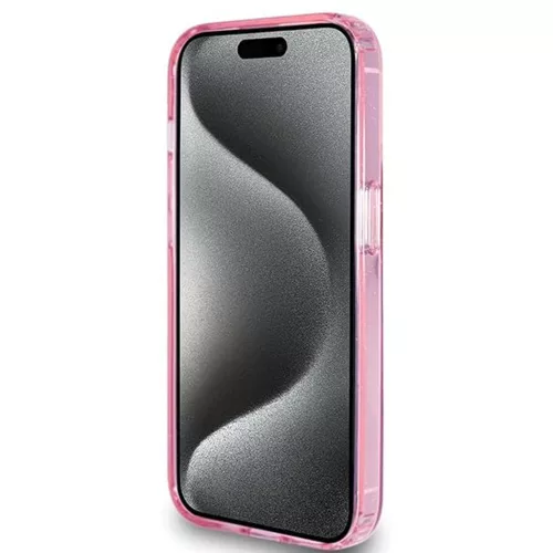 Guess - Gyűrűs Tartó Csillámos Felirat MagSafe (GUHMP15LHRSGSP) - iPhone 15 Pro - Rózsaszín
