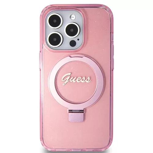 Guess - Gyűrűs Tartó Csillámos Felirat MagSafe (GUHMP15LHRSGSP) - iPhone 15 Pro - Rózsaszín
