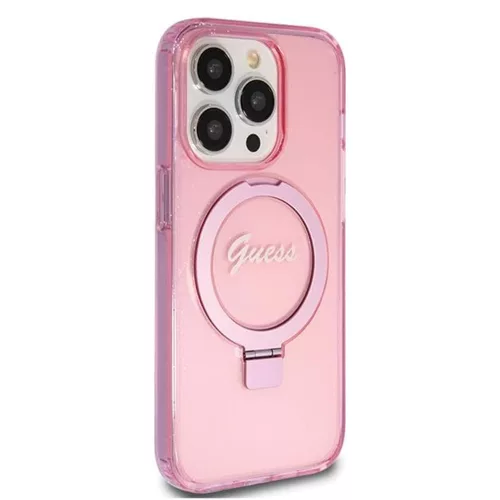 Guess - Gyűrűs Tartó Csillámos Felirat MagSafe (GUHMP15LHRSGSP) - iPhone 15 Pro - Rózsaszín
