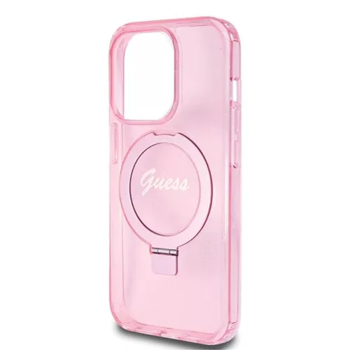 Guess - Gyűrűs Tartó Csillámos Felirat MagSafe (GUHMP15LHRSGSP) - iPhone 15 Pro - Rózsaszín