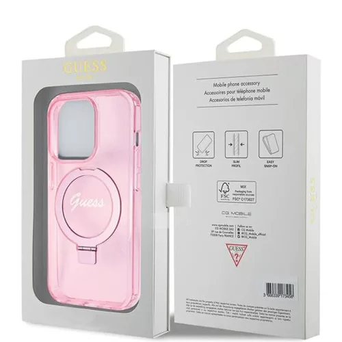 Guess - Gyűrűs Tartó Csillámos Felirat MagSafe (GUHMP15LHRSGSP) - iPhone 15 Pro - Rózsaszín