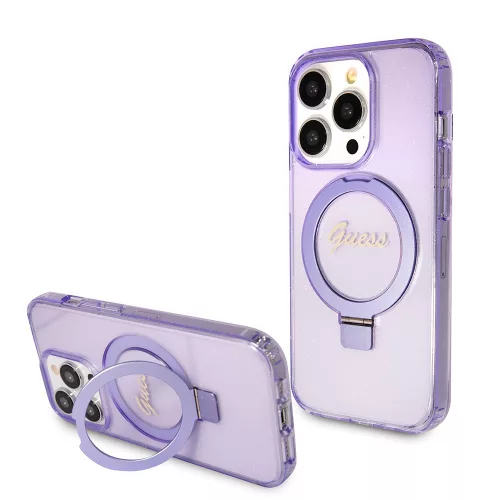 Guess - Ring Stand Script Glitter MagSafe - iPhone 15 Pro (GUHMP15LHRSGSU) - Purple