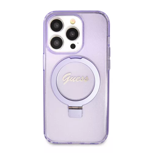Guess - Ring Stand Script Glitter MagSafe - iPhone 15 Pro (GUHMP15LHRSGSU) - Purple