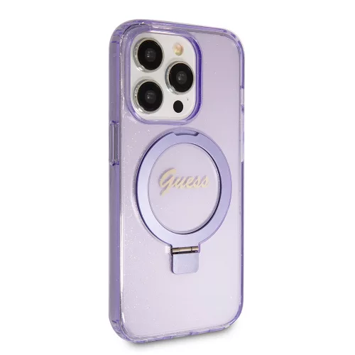 Guess - Ring Stand Script Glitter MagSafe - iPhone 15 Pro (GUHMP15LHRSGSU) - Purple