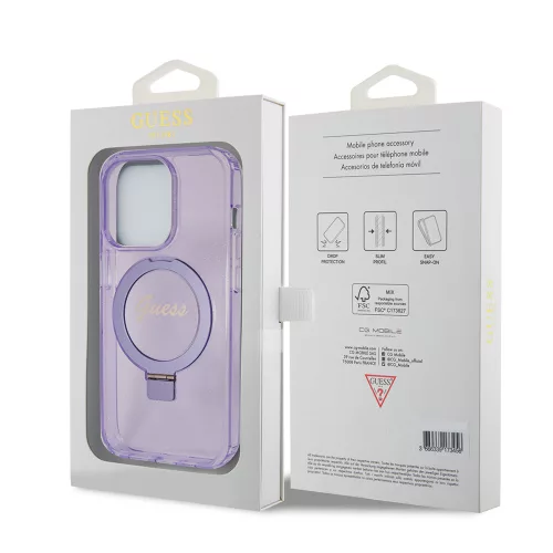 Guess - Ring Stand Script Glitter MagSafe - iPhone 15 Pro (GUHMP15LHRSGSU) - Purple
