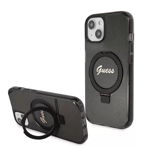 Guess - Gyűrűs Tartó Csillámos Felirat MagSafe (GUHMP15MHRSGSK) - iPhone 15 Plus - Fekete