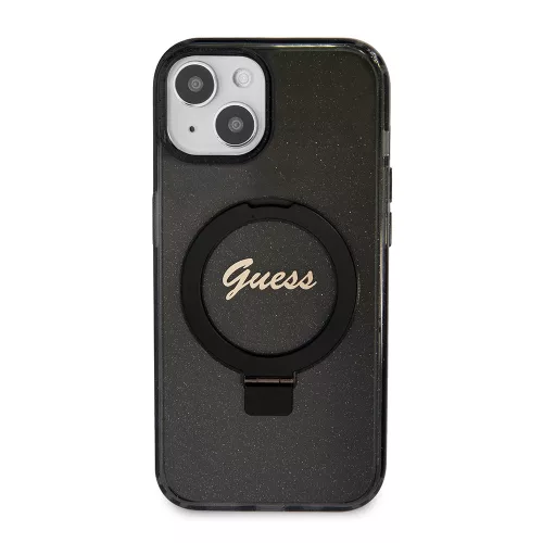 Guess - Gyűrűs Tartó Csillámos Felirat MagSafe (GUHMP15MHRSGSK) - iPhone 15 Plus - Fekete