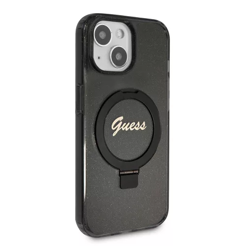 Guess - Gyűrűs Tartó Csillámos Felirat MagSafe (GUHMP15MHRSGSK) - iPhone 15 Plus - Fekete