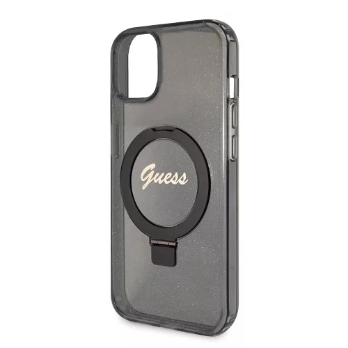 Guess - Gyűrűs Tartó Csillámos Felirat MagSafe (GUHMP15MHRSGSK) - iPhone 15 Plus - Fekete