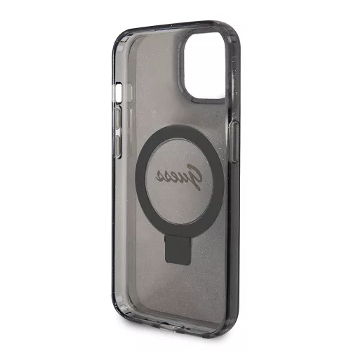 Guess - Gyűrűs Tartó Csillámos Felirat MagSafe (GUHMP15MHRSGSK) - iPhone 15 Plus - Fekete