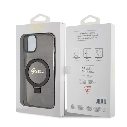 Guess - Gyűrűs Tartó Csillámos Felirat MagSafe (GUHMP15MHRSGSK) - iPhone 15 Plus - Fekete