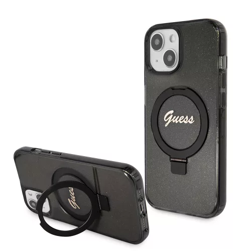 Guess - Gyűrűs Tartó Csillámos Felirat MagSafe (GUHMP15SHRSGSK) - iPhone 15 - Fekete