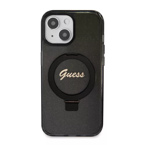 Guess - Gyűrűs Tartó Csillámos Felirat MagSafe (GUHMP15SHRSGSK) - iPhone 15 - Fekete