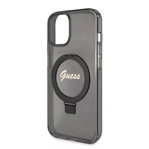 Guess - Gyűrűs Tartó Csillámos Felirat MagSafe (GUHMP15SHRSGSK) - iPhone 15 - Fekete
