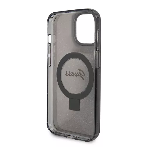 Guess - Gyűrűs Tartó Csillámos Felirat MagSafe (GUHMP15SHRSGSK) - iPhone 15 - Fekete
