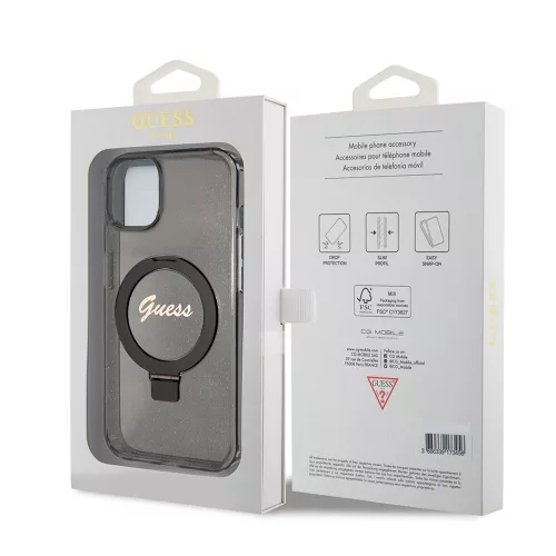Guess - Gyűrűs Tartó Csillámos Felirat MagSafe (GUHMP15SHRSGSK) - iPhone 15 - Fekete