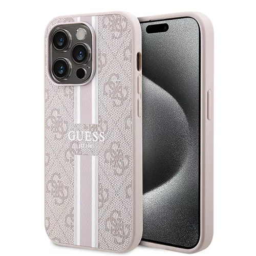 Guess - Keménytok 4G Nyomott Csíkos MagSafe (GUHMP15LP4RPSP) - iPhone 15 Pro - Rózsaszín