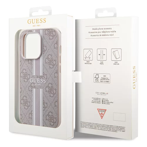 Guess - Keménytok 4G Nyomott Csíkos MagSafe (GUHMP15LP4RPSP) - iPhone 15 Pro - Rózsaszín