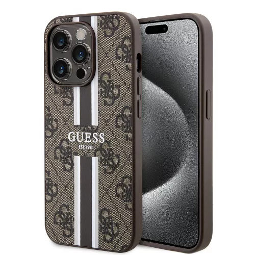 Guess - Keménytok 4G Nyomott Csíkos MagSafe (GUHMP15LP4RPSW) - iPhone 15 Pro - Barna