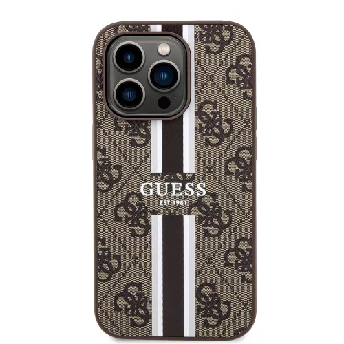 Guess - Keménytok 4G Nyomott Csíkos MagSafe (GUHMP15LP4RPSW) - iPhone 15 Pro - Barna