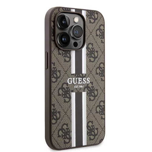 Guess - Keménytok 4G Nyomott Csíkos MagSafe (GUHMP15LP4RPSW) - iPhone 15 Pro - Barna