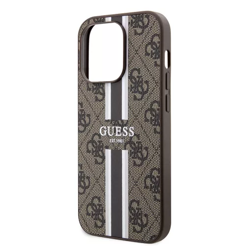 Guess - Keménytok 4G Nyomott Csíkos MagSafe (GUHMP15LP4RPSW) - iPhone 15 Pro - Barna