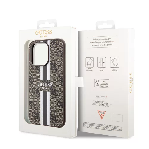 Guess - Keménytok 4G Nyomott Csíkos MagSafe (GUHMP15LP4RPSW) - iPhone 15 Pro - Barna