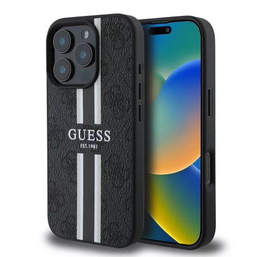 Guess - Keménytok 4G Nyomott Csíkos MagSafe (GUHMP16LP4RPSK) - iPhone 16 Pro - Fekete