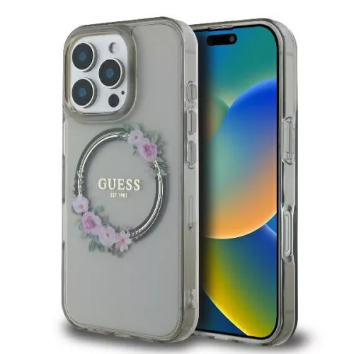 Guess - IML Virágkoszorús MagSafe (GUHMP16LHFWFCK) - iPhone 16 Pro - Fekete
