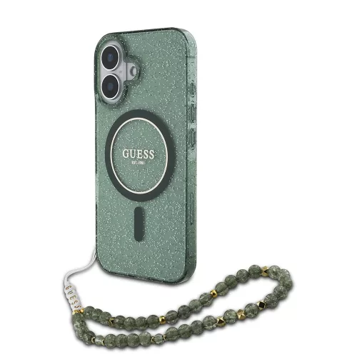 Guess - IML Csillámos Gyöngypánttal MagSafe (GUHMP16MHGCRELSA) - iPhone 16 Plus - Zöld