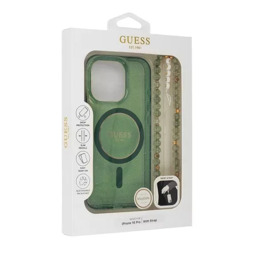 Guess - IML Csillámos Gyöngypánttal MagSafe (GUHMP16MHGCRELSA) - iPhone 16 Plus - Zöld