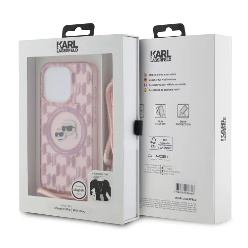 Karl Lagerfeld - IML Crossbody MagSafe (KLHMP15LHCKCKLCP) - iPhone 15 Pro - Pink Monogram Karl&Choupette Head