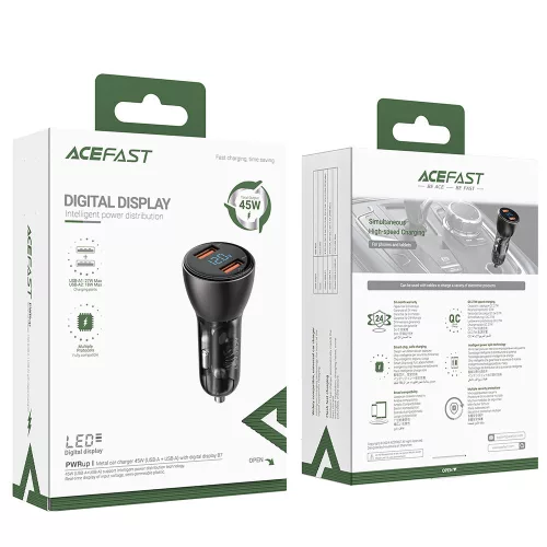 Acefast - Car Charger (B7) - 2x USB, 45W, Dual Fast Charging, with LED Digital Display - Transparent Black