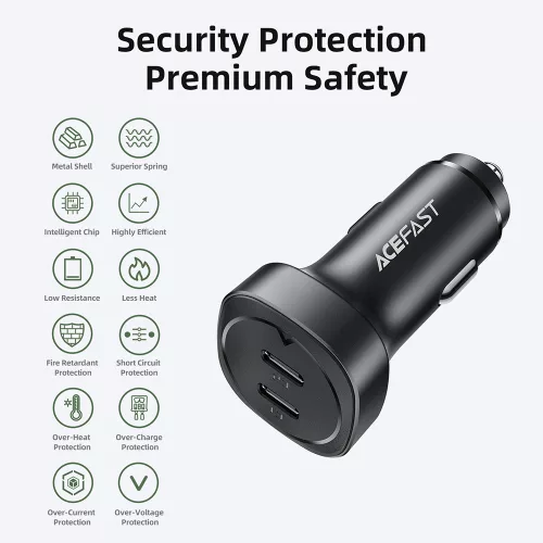 Acefast - Car Charger (B2) - 2x Type-C, Dual PD Fast Charging, 72W, Built-in Voltage Regulator Chip - Black