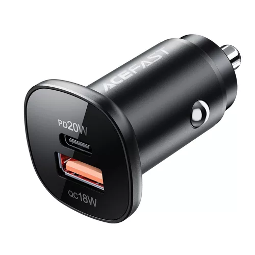 Acefast - Car Charger (B1) - Type-C, USB, Dual-Port, 38W, PD Fast Charging, with LED Light - Black