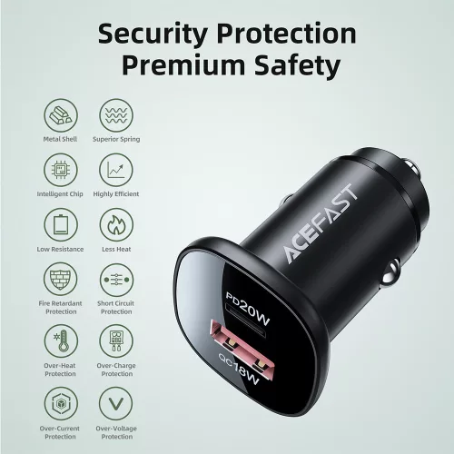 Acefast - Car Charger (B1) - Type-C, USB, Dual-Port, 38W, PD Fast Charging, with LED Light - Black