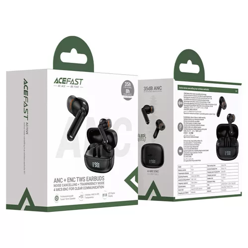 Acefast - Vezeték nélküli fülhallgató (W1) - C típusú, TWS, Bluetooth 5.4, hívászajcsökkentés, IPX4, LED digitális kijelző - fekete