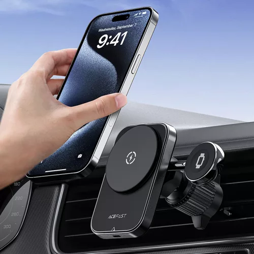 Acefast - Autós tartó vezeték nélküli töltéssel (D18) - iPhone-hoz, 2 az 1-ben Vezeték nélküli Gyorstöltés, Szellőzőrácsra, Rögzítőkapocs - Black